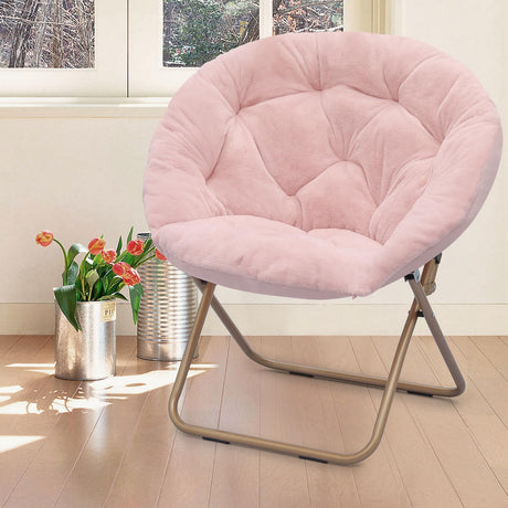 Athena Collection Comfy Saucer Chair Folding Cozy Chair for Bed Room Living Room Accent Chair Faux Fur Reading Chair Foldable Metal Frame Lazy Chair Moon Chair for Adult, Pink Athena Collection