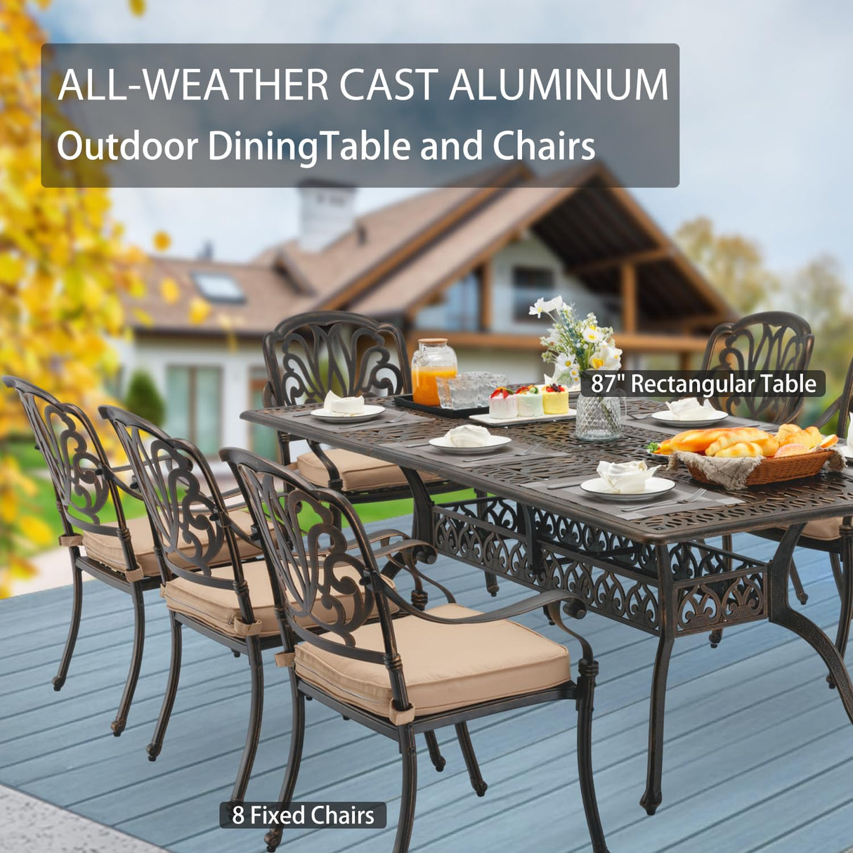 AIWOEN 9-Piece Cast Aluminum Patio Furniture, Outdoor Dining Sets for 8 Include 87" Rectangular Patio Dining Table and 8 Stackable Chairs with Cushions & Umbrella Hole (Bronze) AIWOEN