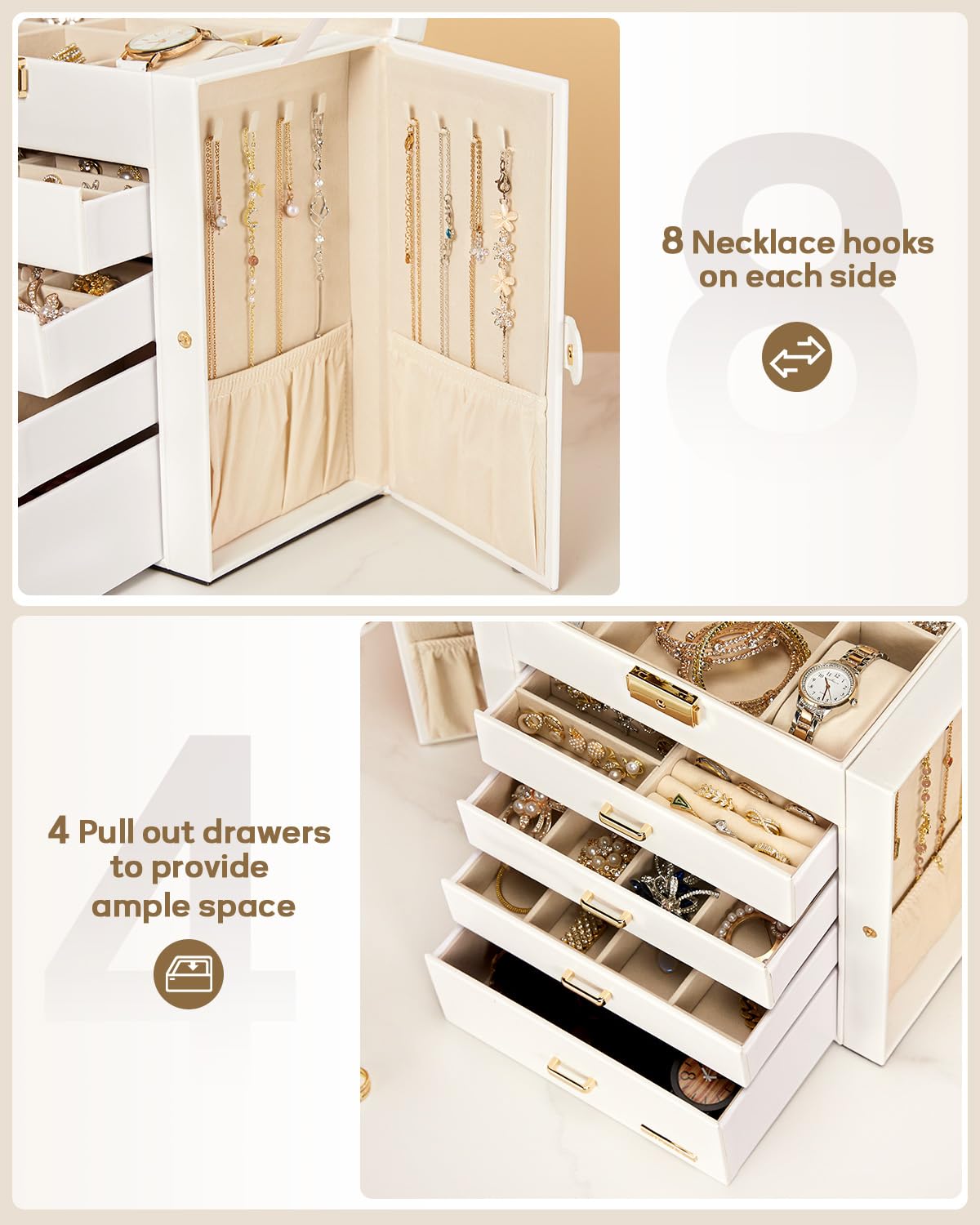 Homde Synthetic Leather Huge Jewelry Box Mirrored Watch Organizer Necklace Ring Earring Storage Lockable Gift Case (White + Gold) Homde