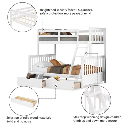 Merax Solid Wood Bunk Bed with Drawers – Convertible Twin Over Full Design in White - WoodArtSupply