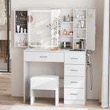 Fameill White Vanity Desk with Mirror and Lights,Makeup Vanity Table Set with Power Strip and Sliding Locker,Visual Drawer Makeup Desk with 5 Drawers&Shelves&Cabinet,3 Lighting Modes Fameill