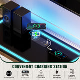 Farmhouse LED Storage Cabinet With Glass TOP,Smart Buffet Sideboard Cabinet with Charging Station,Standing Coffee Bar Cabinet With 2 Doors &Drawer for Bathroom,Kitchen,Living Room,Bedroom,White FREDEES