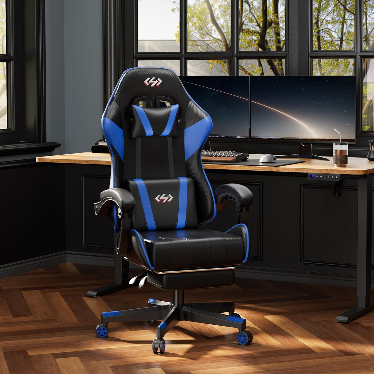 HLDIRECT Gaming Chair with Pocket Spring Cushion, Video Game Chair, Gaming Computer Chair, Ergonomic Chairs with Headrest and Lumbar Support for Adults, Swivel PU Leather Office Chair, Black & Red HLDIRECT