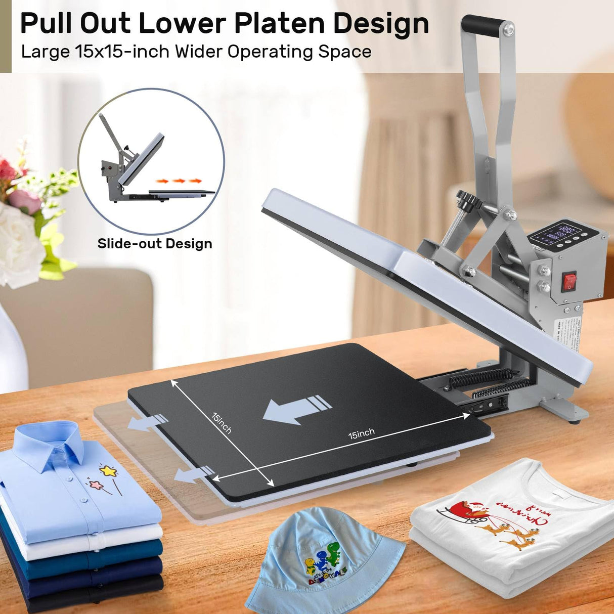 AKEYDIY 15x15 Heat Press, Digital Shirt Press Heat Up Fast & Even, Pro Pull Out Heat Press Lower Platen Slide Out Heat Transfer Sublimation Heat Press Machine for Tshirts, Pillow, Pad, Bag, Purple AKEYDIY