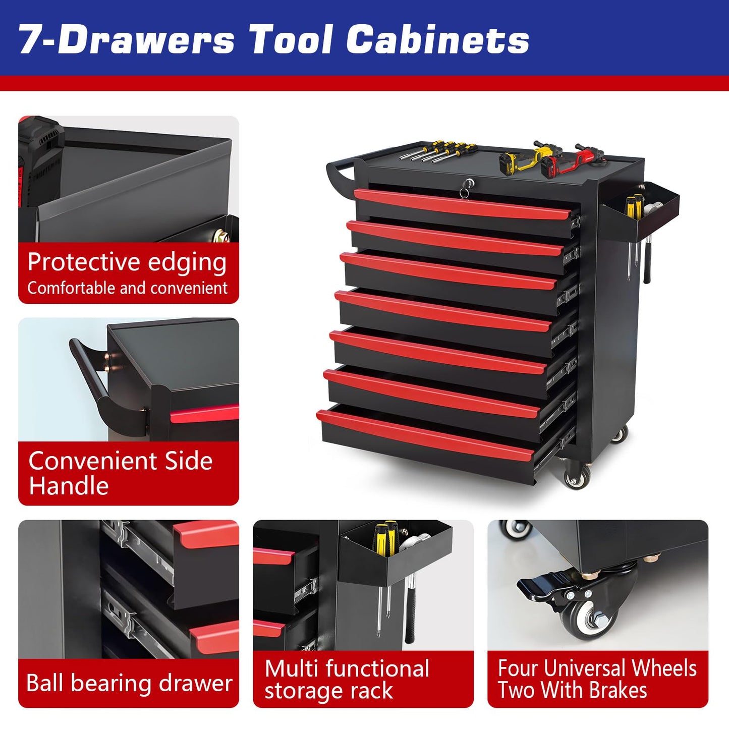 MHEOMTME Rolling Tool Chest with Drawers, Craftsman Tool Box Organizer, Toolbox Cabinet with Keyed Locking System, 7 Drawer Tool Storage Cart on Wheels for Garage, Workshop and Repair Room, B - WoodArtSupply