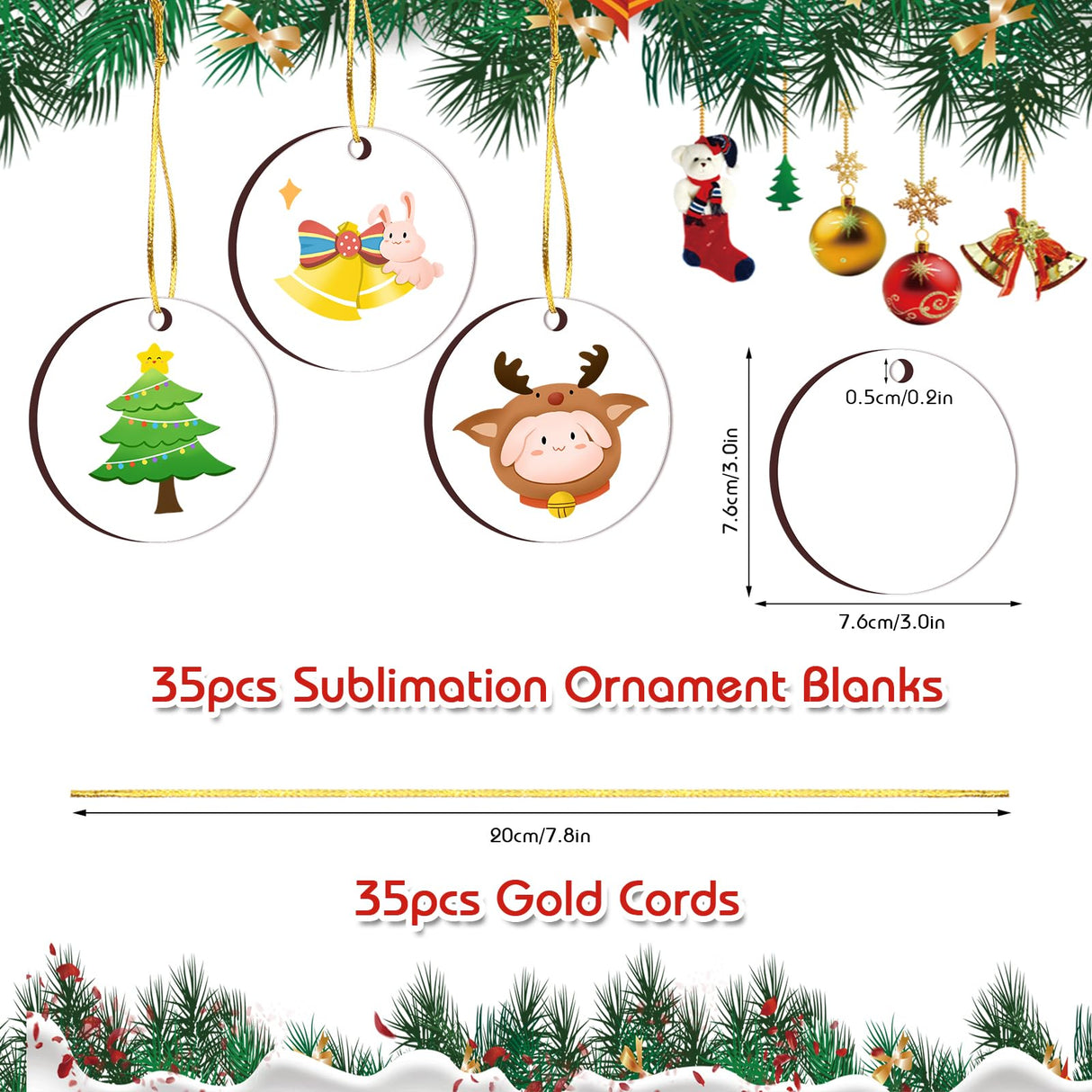 35 Pieces Sublimation Ornament Blanks，SPOKKI 3" Round Christmas Blank Sublimation Ornaments Double Side Sublimation Blanks Pendants with Ropes for DIY Decor Craft SPOKKI