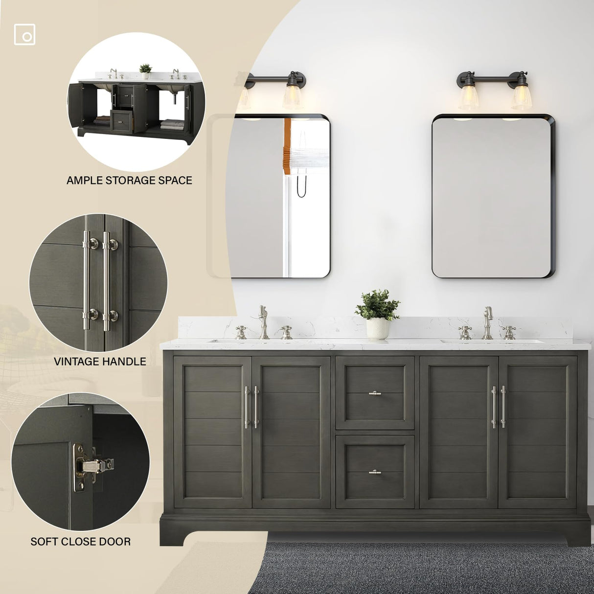 HOMEBEYOND 72 Inch Bathroom Vanity with Double Sink & Ceramic Top, Vanity Cabinet with Center Countertop Basin, Soft-Closing Doors, Backsplash, Sliver Grey HOMEBEYOND