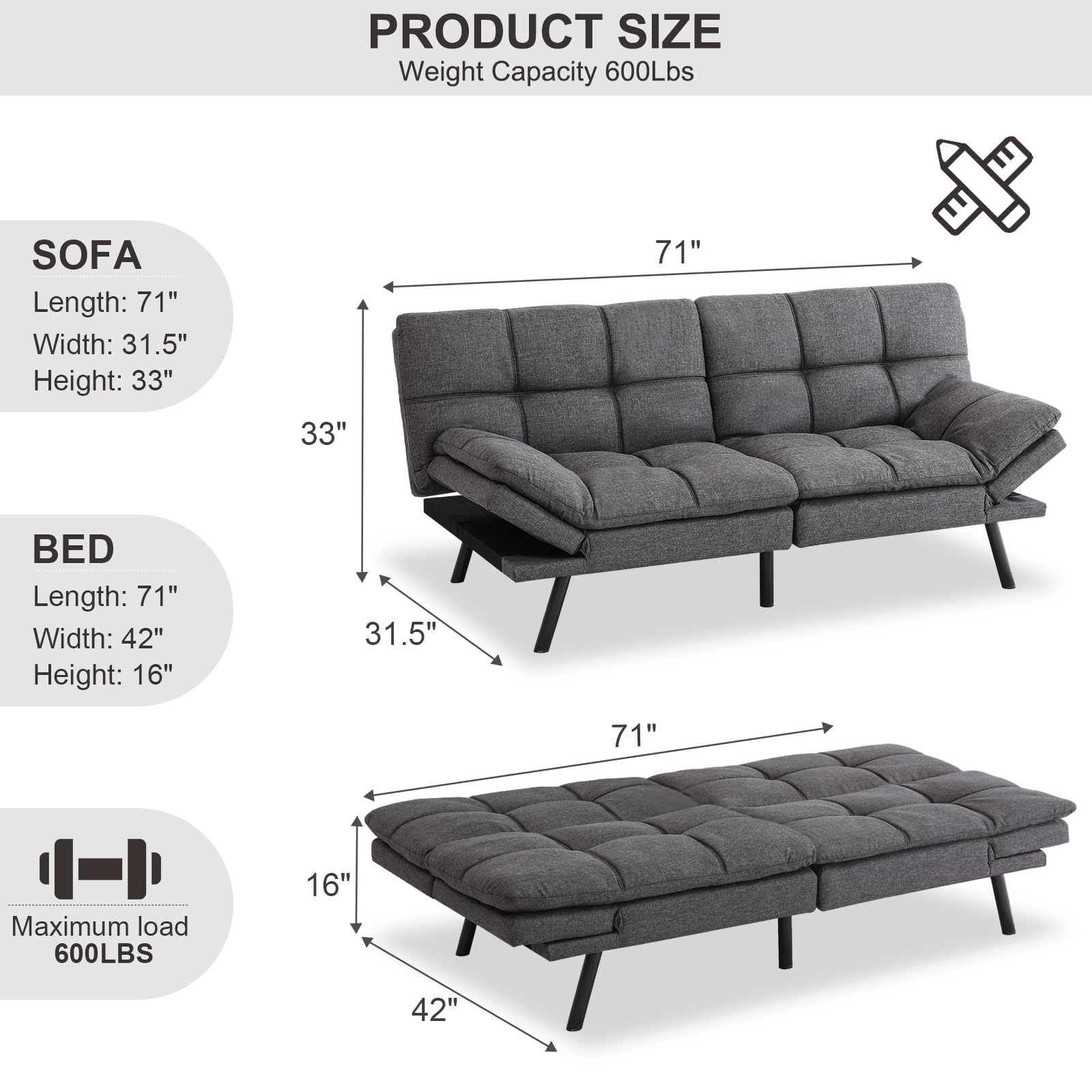 MUUEGM Futon Sofa Bed Couch Convertible Futon Memory Foam Futon Couch Bed Modern Sofa Couch Love Seat Sleeper Sofa for Small Space,Living Room,Office,Adjustable Backrests&Armrests Sofabed,Dar - WoodArtSupply