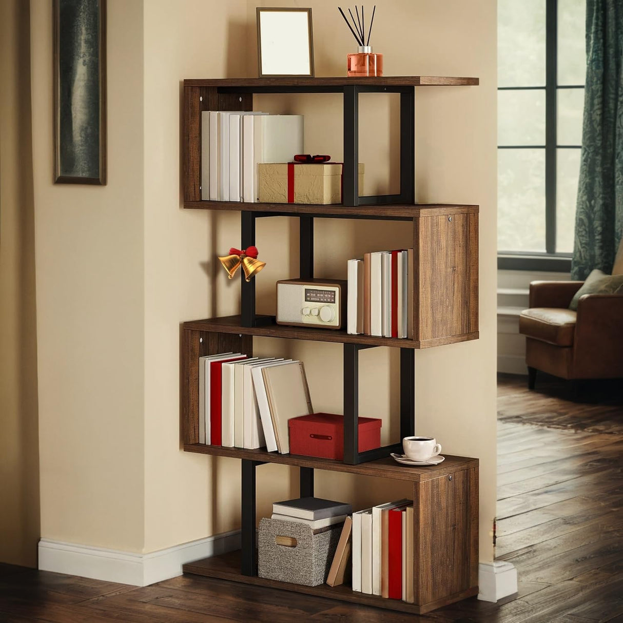 DWVO Geometric Bookshelf, 5-Tier Bookshelf S-Shaped Bookshelves, Industrial Geometric Bookcase Freestanding Multifunctional Storage Shelving for Living Room Home Office, Retro Brown DWVO