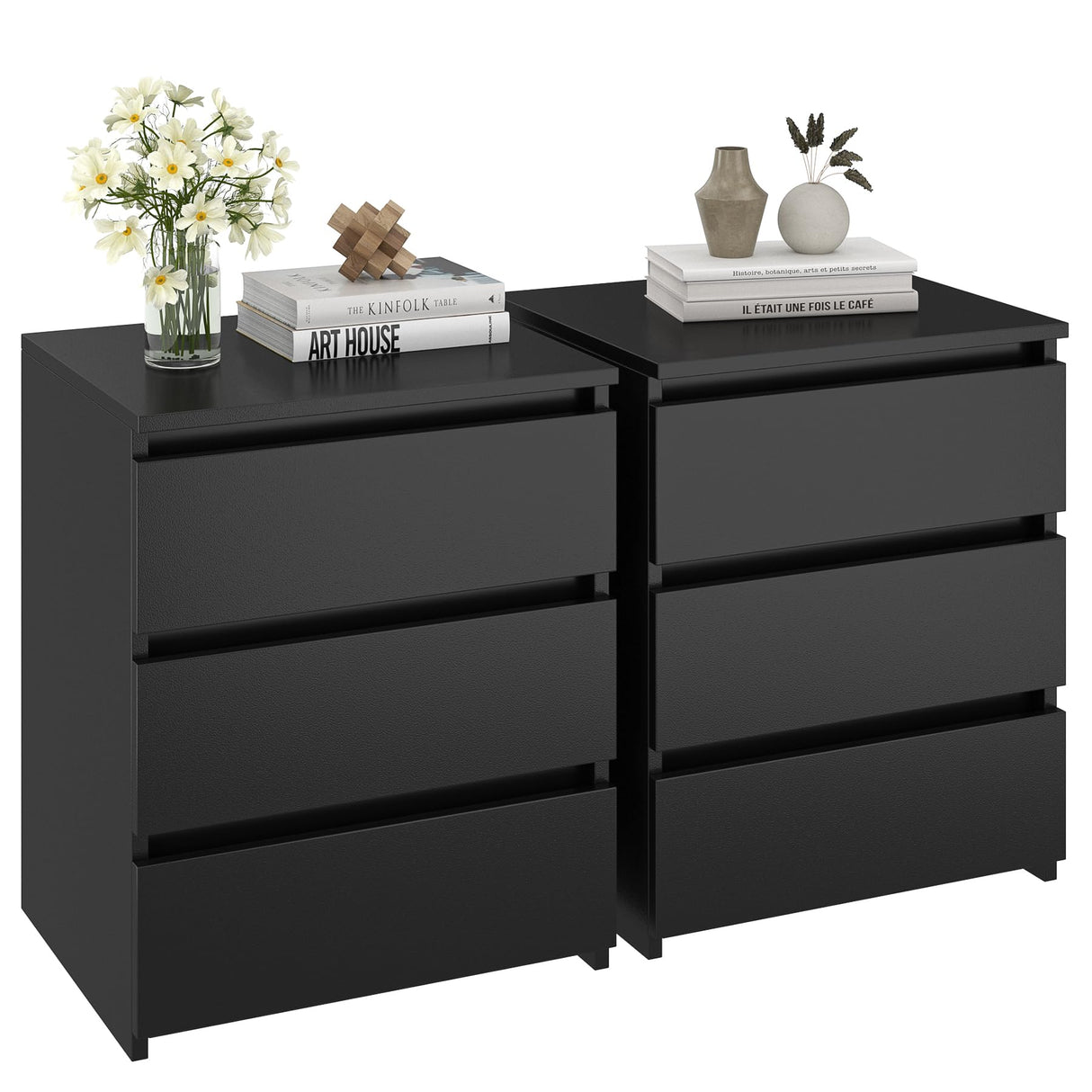 FOTOSOK Nightstand Set of 2 Black Nightstand with 3 Drawers, Black Bedside Table Night Stand for Bedroom with Cut-Out Handle, Sofa Side Table 3 Drawer Nightstand for Bedroom, 17.7W*15D*21.7H FOTOSOK