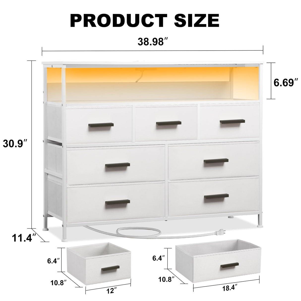 NASHZEN Dresser TV Stand with 7 Drawers, Dresser TV Stand with LED Lights & Power Outlets, Bedroom Dresser, Chest of Drawers up to 45'' Long TV, Wide Fabric Dresser with Open Shelf (White) NASHZEN