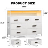 NASHZEN Dresser TV Stand with 7 Drawers, Dresser TV Stand with LED Lights & Power Outlets, Bedroom Dresser, Chest of Drawers up to 45'' Long TV, Wide Fabric Dresser with Open Shelf (White) NASHZEN