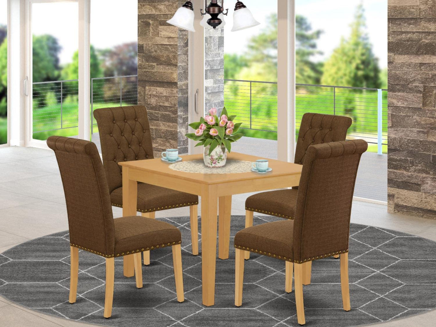 East West Furniture OXBR5-OAK-18 Oxford 5 Piece Room Furniture Set Includes a Square Dining Table and 4 Brown Linen Fabric Upholstered Chairs, 36x36 Inch - WoodArtSupply