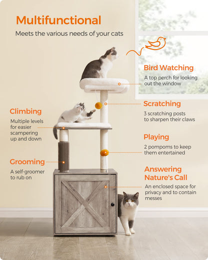 Feandrea Cat Tree with Litter Box Enclosure, 2-in-1 Modern Cat Tower, 52.8-Inch Cat Condo with Self Groomer, Scratching Posts, Washable Cushions, Greige UPCT115G01