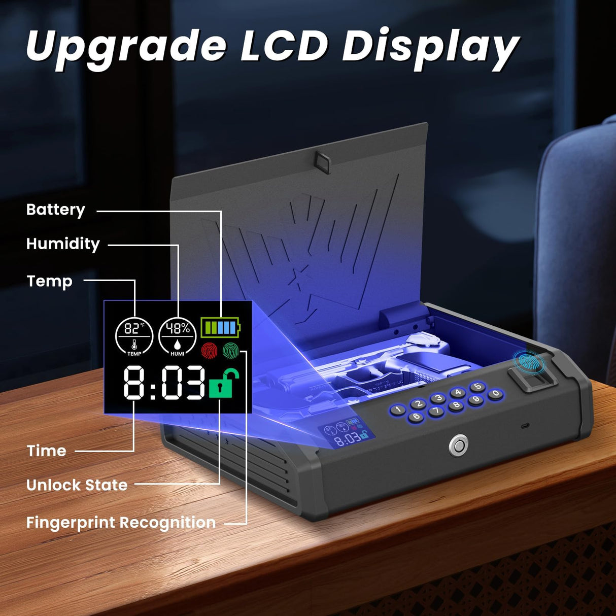 MOJOHAND Gun Safe for Pistols with LCD Display of Temperature Humidity, Fingerprint Quick-Access, Firearm Safety Device with Keys, Smart Handgun Safe for Nightstand, Car, 2 Gun Capacity MOJOHAND