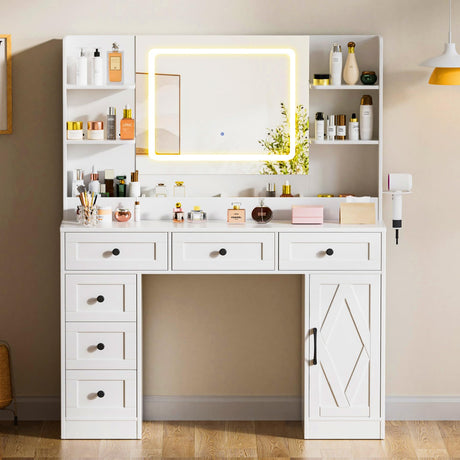 COMHOMA Makeup Vanity Desk with Mirror and Lights, Large Vanity Table with 6 Drawers & 1 Storage Cabinet, White Bedroom Dresser Table for Girls, 3 Color Modes Adjustable Mirror, White COMHOMA