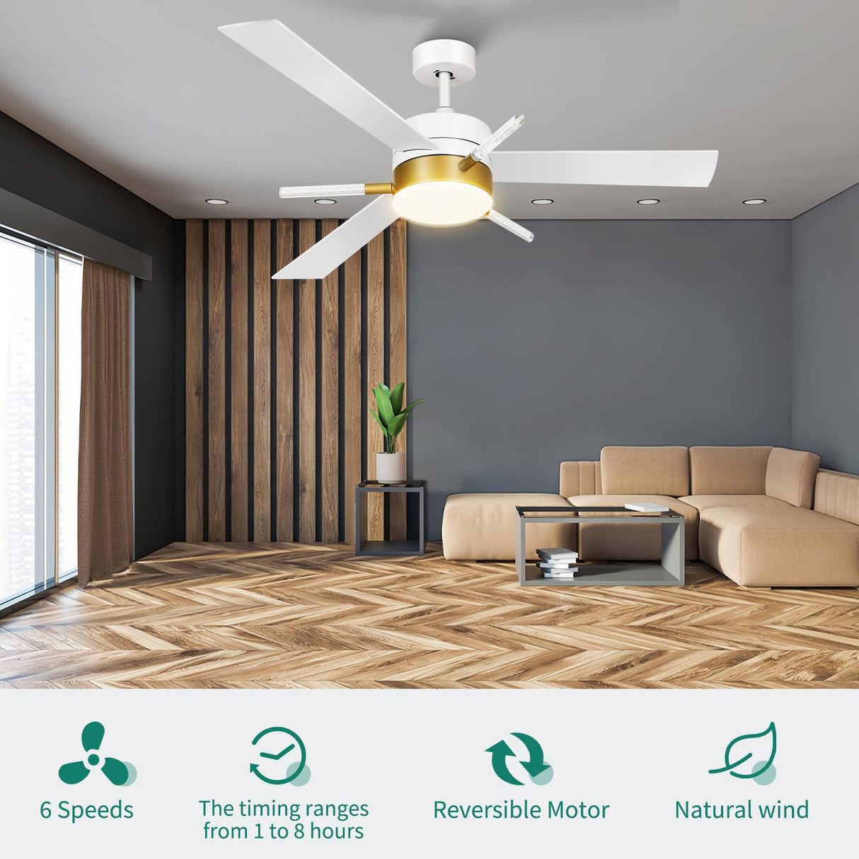 YITAHOME 60 inch Ceiling Fan with Light and Remote, Crystal Rod Design, Modern Chandelier Ceiling Fan with Reversible Quiet Motor, White Gold Indoor Ceiling Fan with 3 LED Colors, Memory Function YITAHOME