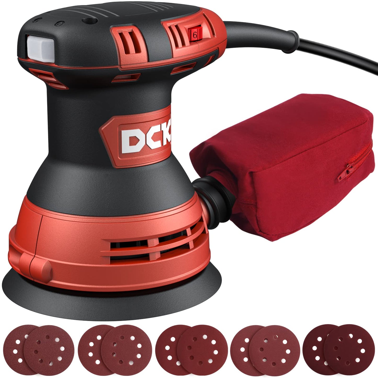 DCK Random Orbital Sander, 3.0 AMP Corded Palm Sander, 6 Speeds Max 12,000 OPM, 5-Inch with 10 pcs Sandpapers, Dust Bag, Low Vibration, Drywall Sander for Woodworking, Decoration Furniture (K - WoodArtSupply