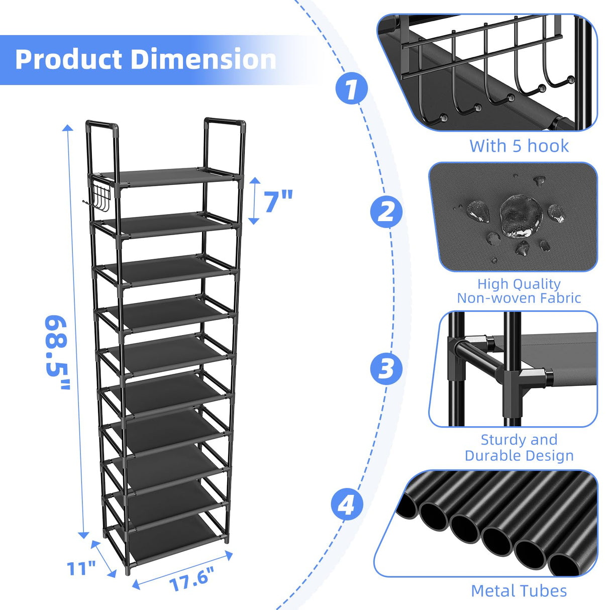 Simple Trending Shoe Rack for Closet, 10 Tiers Narrow Shoe Shelf Holds 20 Pairs, Shoe Organizer Storage with Hooks, Black Simple Trending