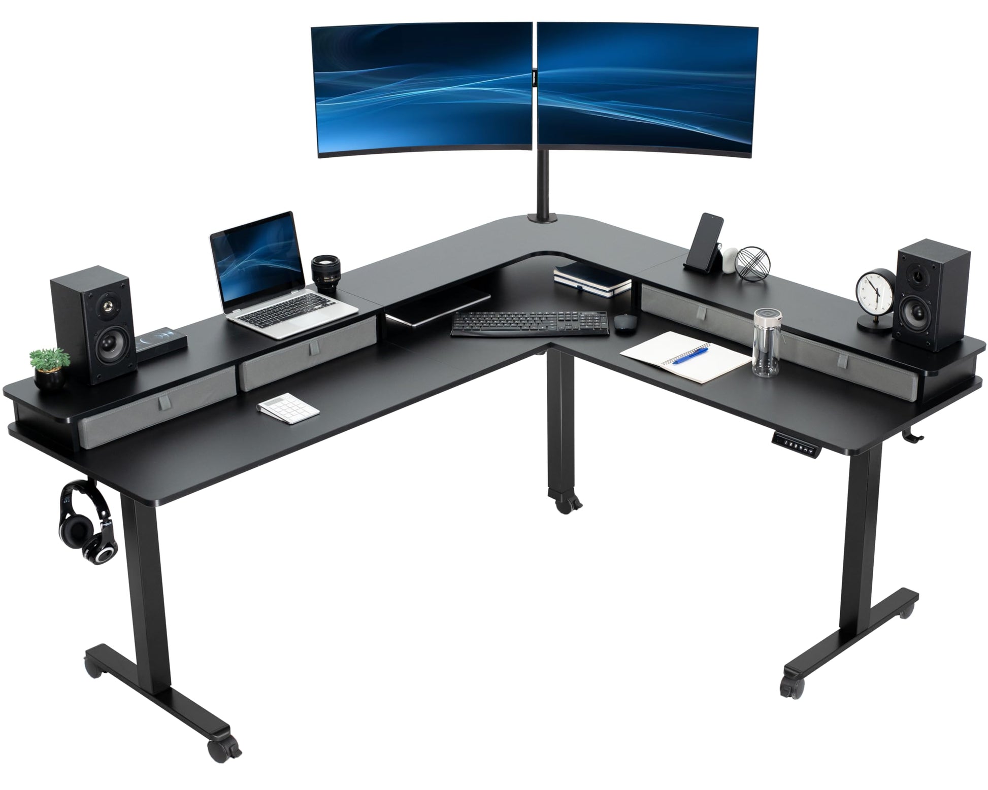 VIVO Electric 2-Tier Height Adjustable 75 x 63 inch Stand Up Corner Desk, L-Shaped Mobile Table with Memory Controller, Black Table Top, Black Frame, Dark Gray Storage Drawers, DESK-E3CVB-75 - WoodArtSupply