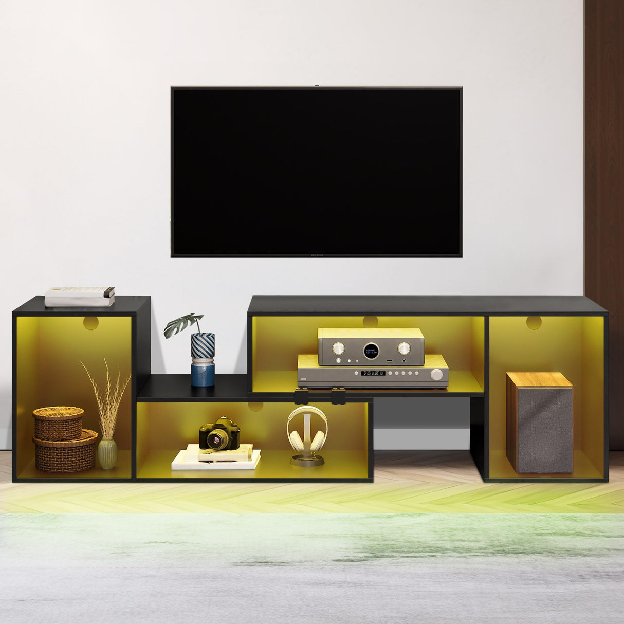 YITAHOME Transformable TV Stand w/String of LED Light, Modern Entertainment Center for 75/70/65/60/55/50/45 inch TVs, Gaming TV Media Consoles, TV Cabinet for Living Room, Black YITAHOME