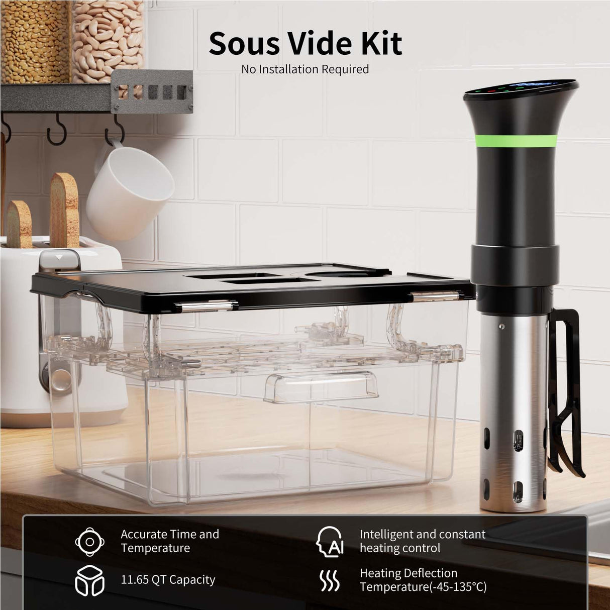 Sous Vide Cooker Kit, Includes One 1000W Immersion Circulators and 11.65QT Sous Vide Container with Lid and Built-in Rack, with Temperature and Time Digital Display Control Vpcok Direct