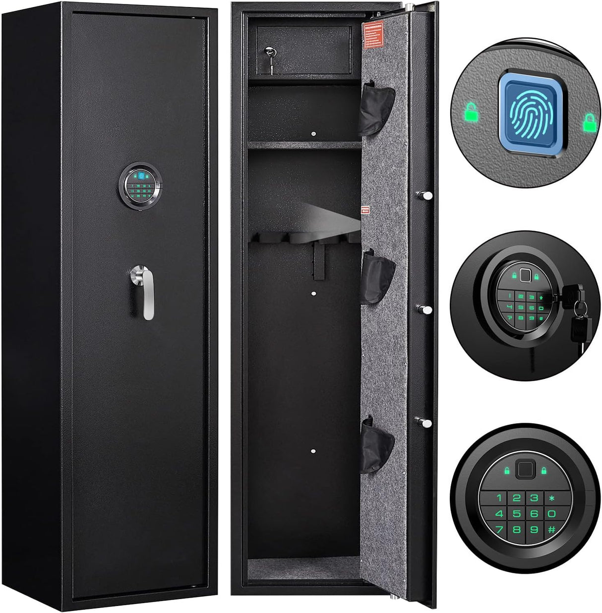 Marcree Biometric Fingerprint Rifle Gun Safe, Quick Access 5-Gun Cabinet Fingerprint Long Gun Safe, Gun Safes for Rifles and Shotguns with Mute Function, 3 Pistol Bags, Pistol Lock Box Marcree