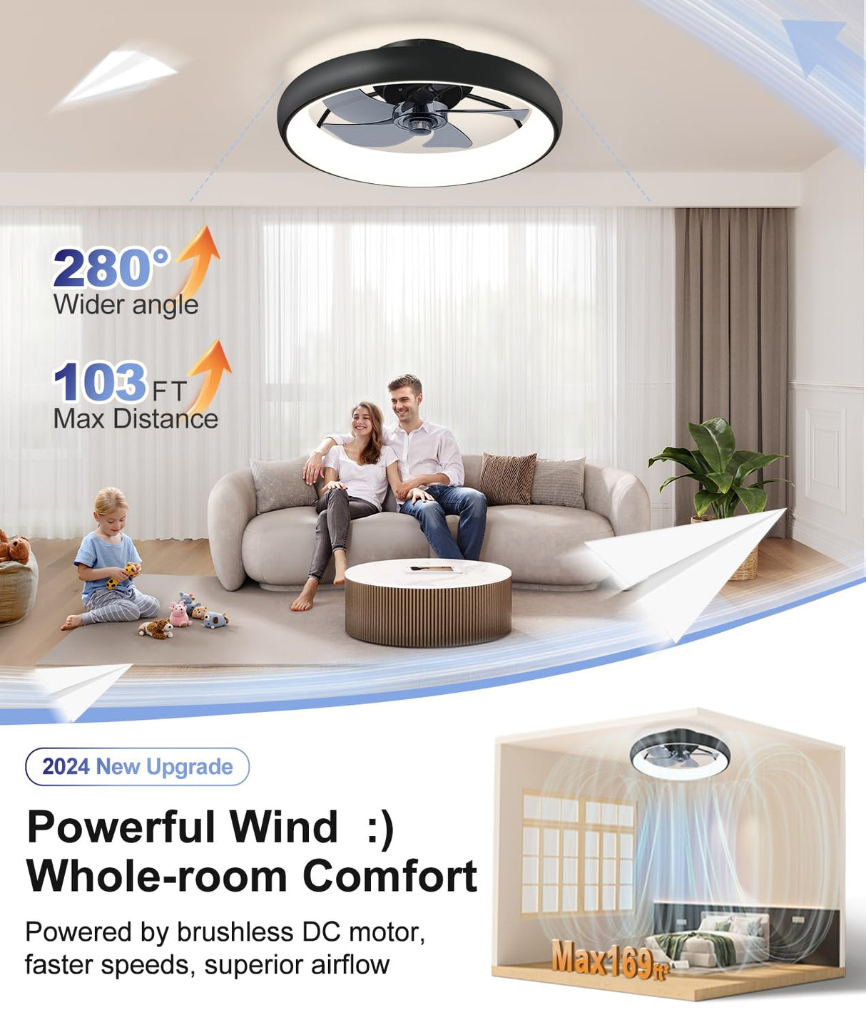 Ultra Low Profile Ceiling Fans with Lights and Remote Ultra Quiet 25 dB, 21" Modern Flush Mount Ceiling Fan LED Ceiling Fan Fandelier Ceiling Fan for Bedroom Kitchen Fivesun