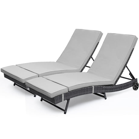 DWVO Outdoor Wicker Chaise Lounge with Cushion, Rattan Poolside Lounge Chair Set of 2 with 5-Position Adjustable Backrest, Removable Cover and Wheels, Grey DWVO
