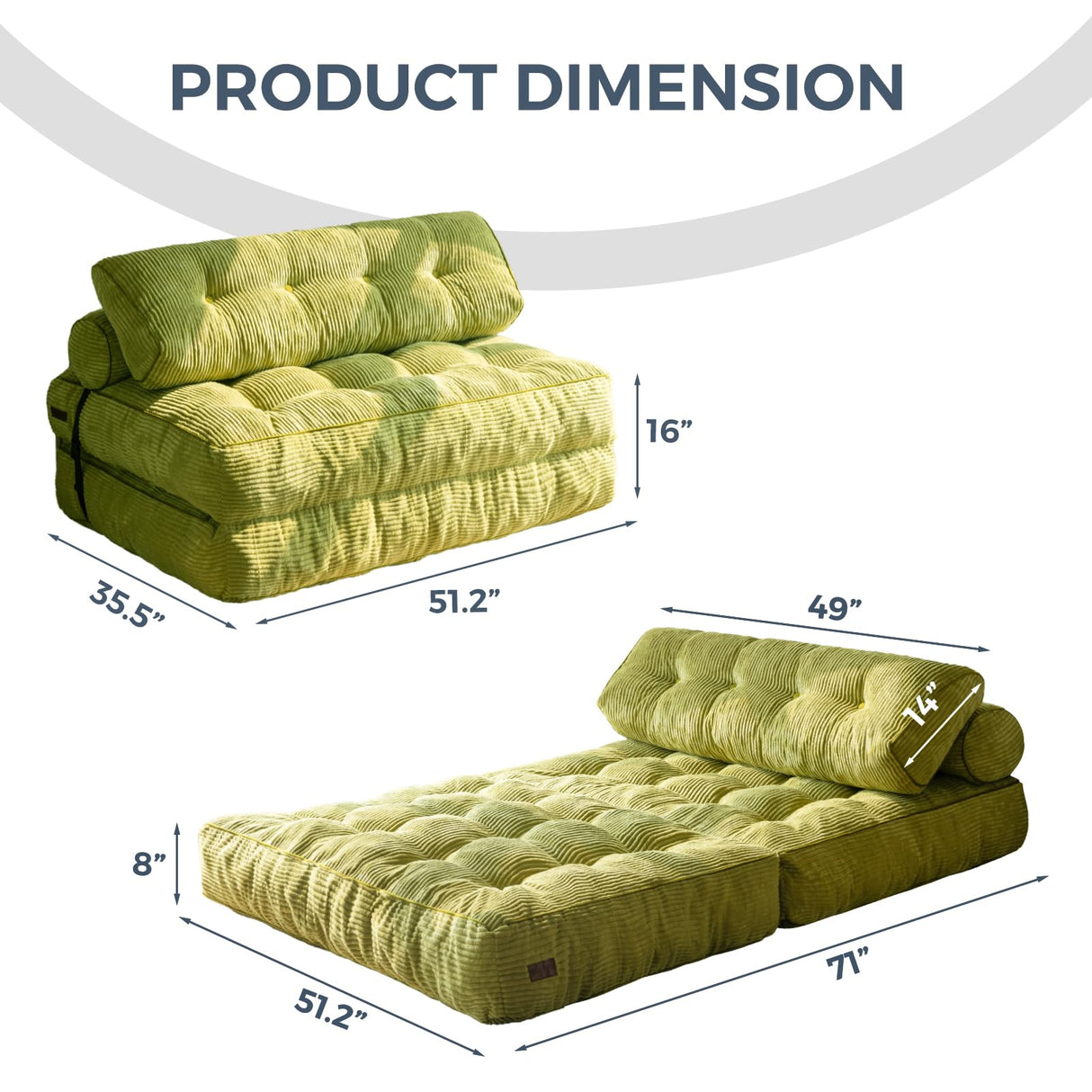 MAXYOYO Folding Sofa Bed, Convertible Sleeper Chair with Pilow Foldable Matress with Back Support, Portable Fold Out Chair Bed for Living Room Bedroom, Green Double MAXYOYO
