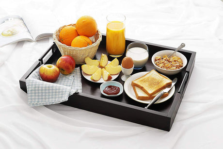 Ottoman Tray, Acacia Wood Serving Tray with Metal Handles, 16.5x12.5in Food Drinks Tray for Coffee Table, Breakfast, Dinner & Bar, Rustic Decorative Storage Tray for Ottoman, Kitchen, Packaging RAKYTO