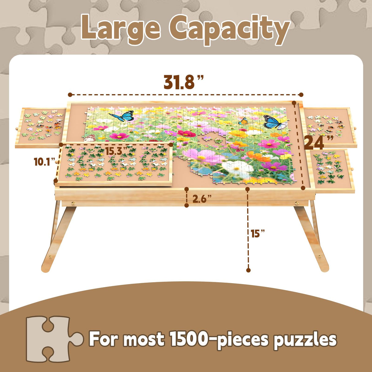 SkylarkJoy Jigsaw Puzzle Table 1500 Pieces, Portable Puzzle Board with 4 Drawers and Cover, Wooden Puzzle Board for Adults with Drawers, Board Gmae Table for All Ages SkylarkJoy