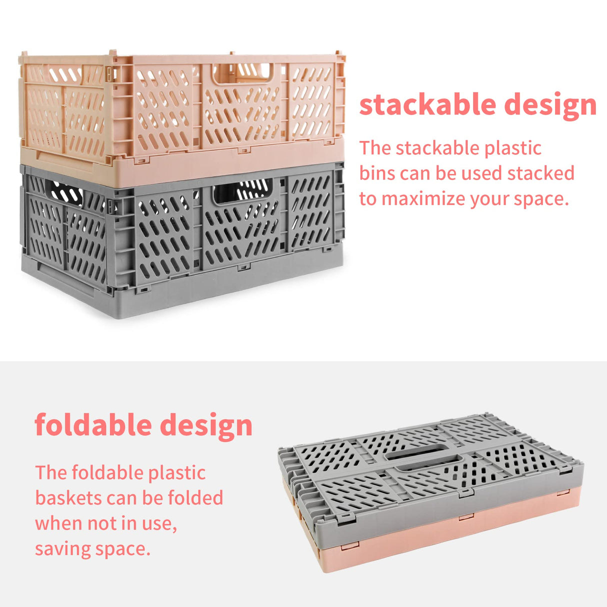 Domiella 2-Pack Crates for Storage, Storage Crates Plastic Stackable, Foldable Crate for Office Home Kitchen Bedroom Bathroom (Large, Golden Yellow) Domiella