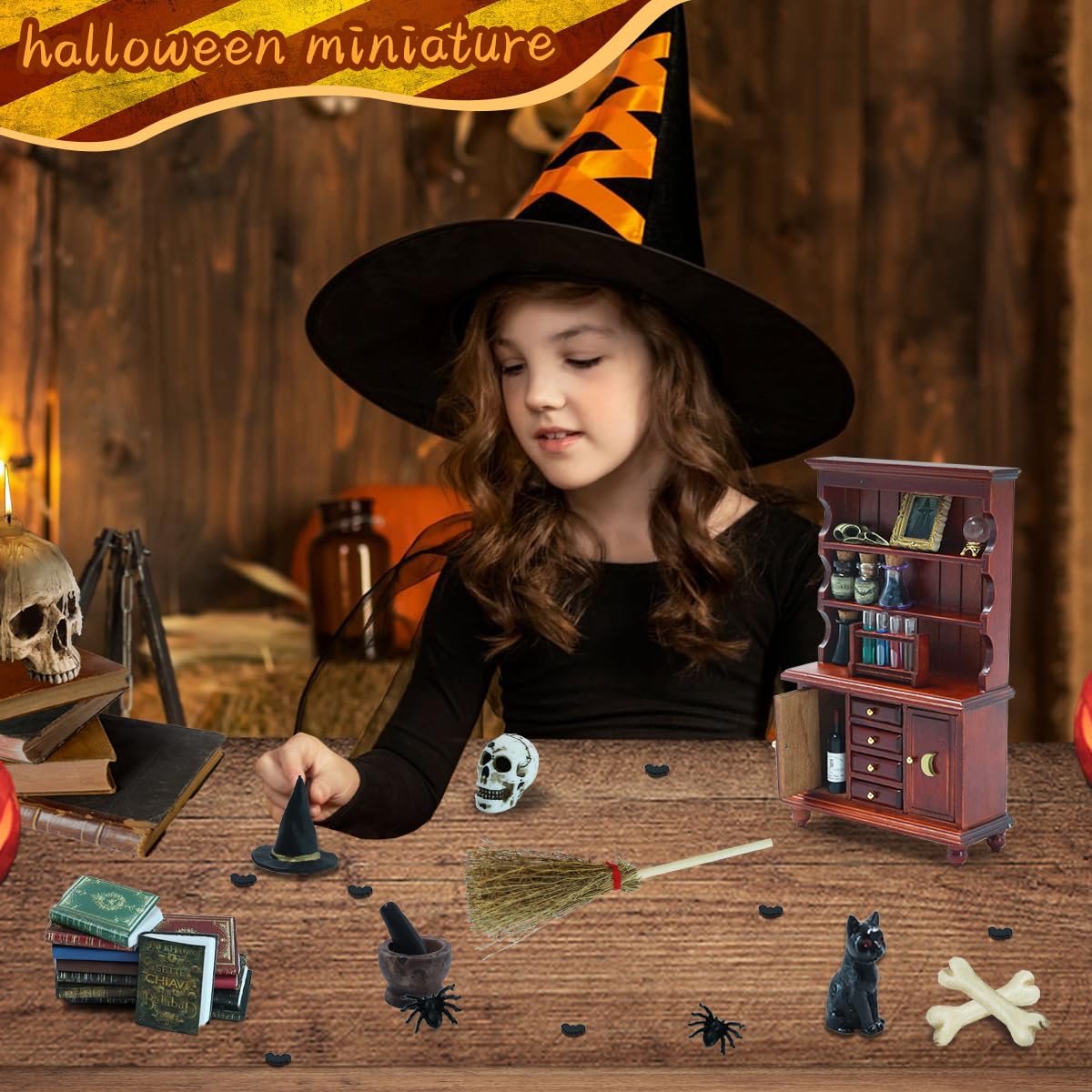 BEIREG Dollhouse Miniatures 1/12 Scale Accessories, Wooden Bookshelf Furniture Set - Magic Bottle&Potion, Witch Frame and Hat, Mini Bookcase, Haunted Dollhouse Halloween Decorations for Kids Gifts BEIREG