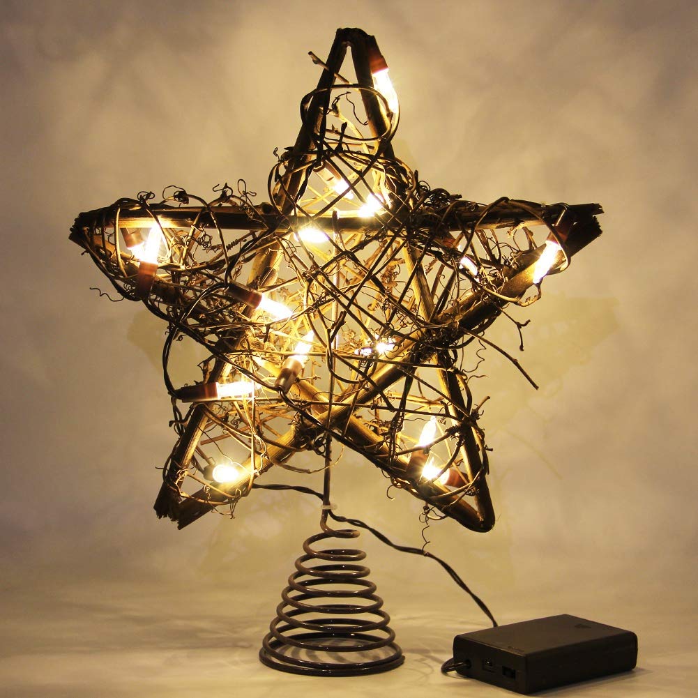 Twinkle Star Christmas Star Tree Topper, Rustic Rattan Treetop with 15 LED Lights Christmas Tree Holiday Xmas Party Decorations, 12.2 Inch (H)