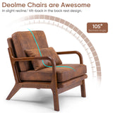 Mid Century Modern Accent Chair Set of 2 Living Room- Comfy Solid Wood Arm Chair with Lumber Pillow Lounge Decorative Brown Leather Office Side Chair Bedroom Reading Nook Sillas De Sala Microfiber Deolme