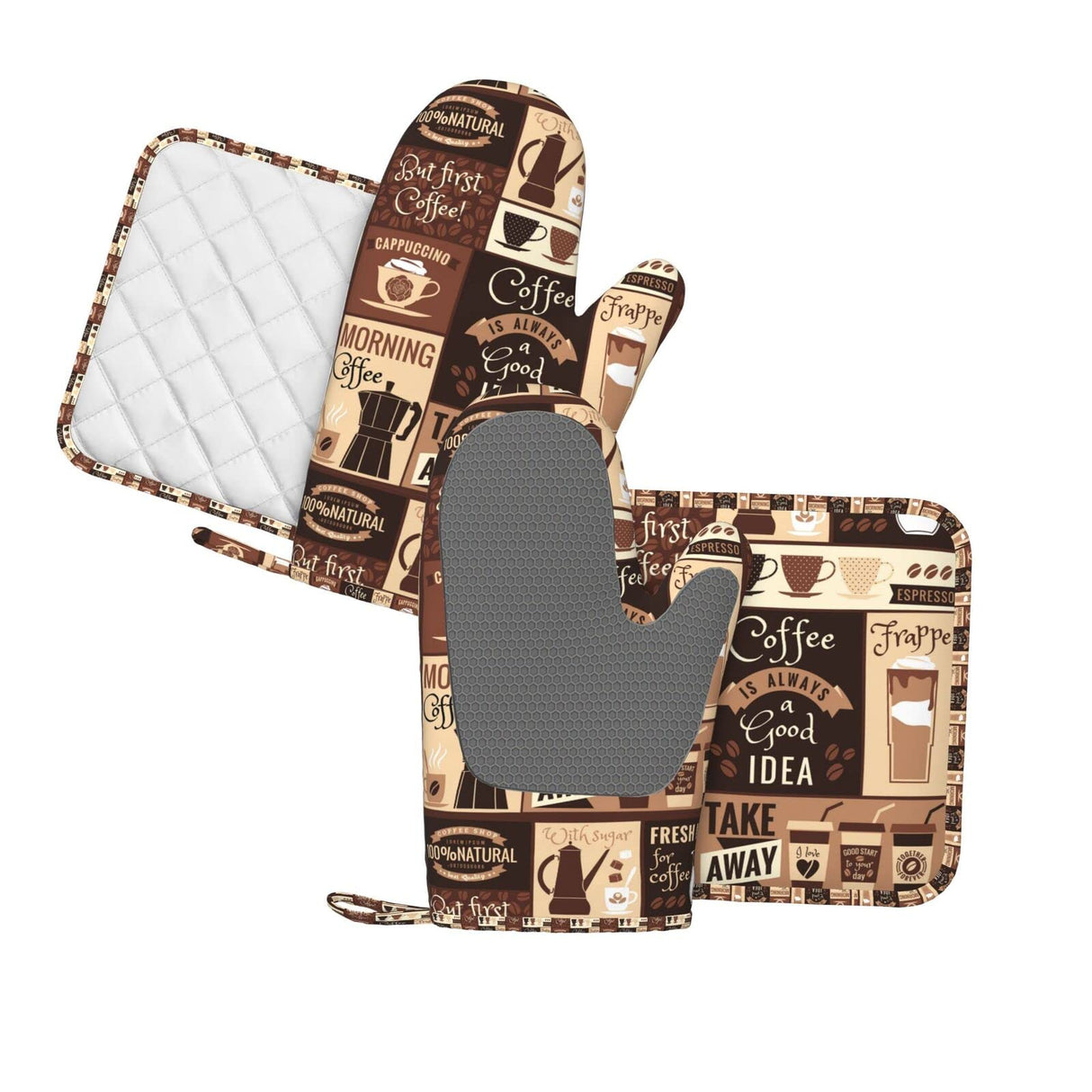 Oven Mitts Pot Holders Set Coffee Pattern Silicone Modern Art Kitchen Gloves Potholders Heat Resistant for Chef Baking Cooking Grilling BBQ 4 Pack Mitt SUPLUCHOM