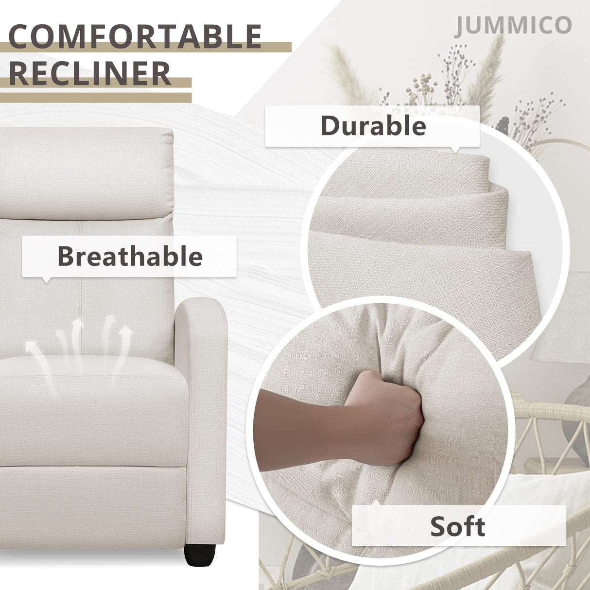 JUMMICO Recliner Chair Adjustable Home Theater Single Recliner Sofa Furniture with Thick Seat Cushion and Backrest Modern Living Room Recliners (Fabric, Beige) JUMMICO