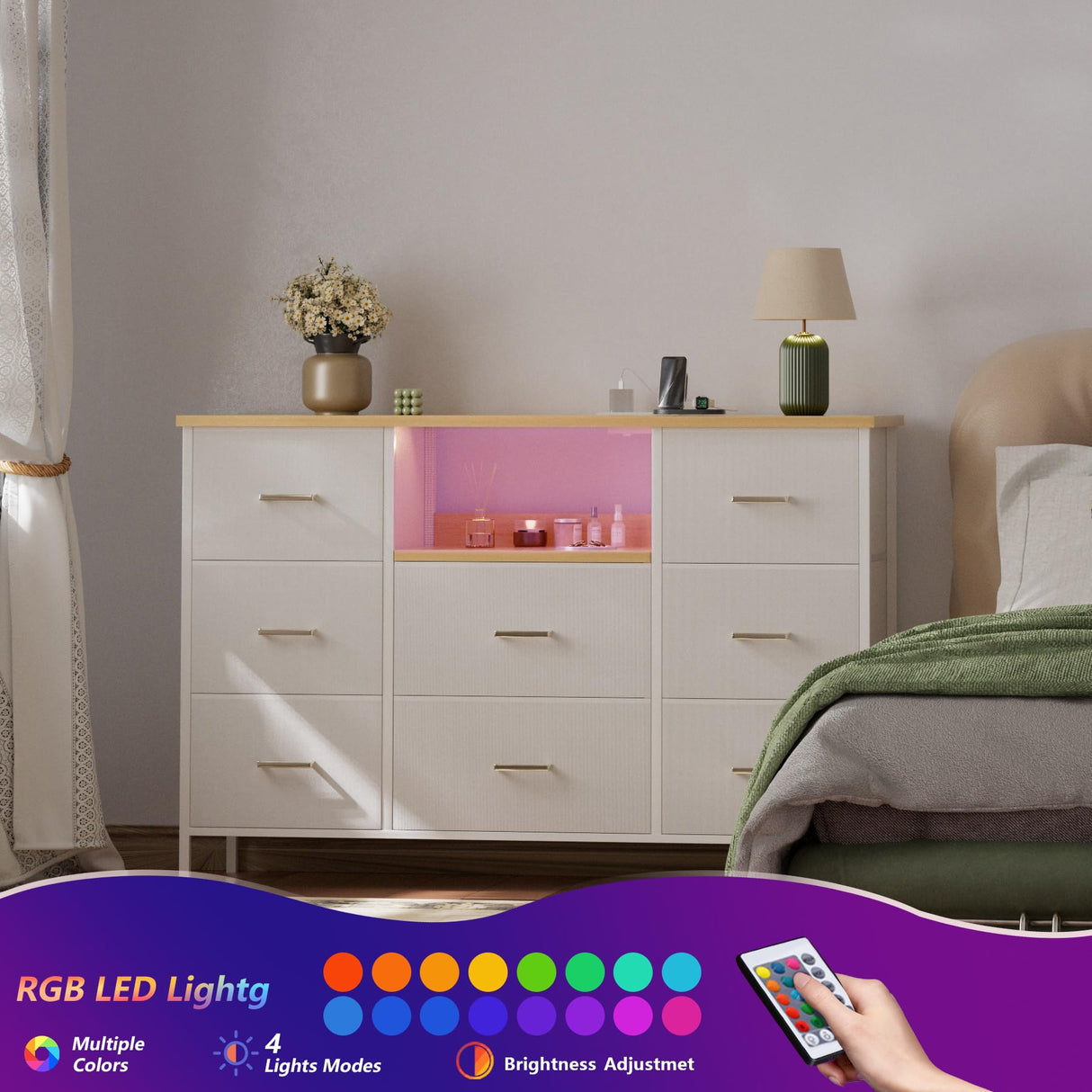 VASICAR White Dresser with LED Lights & Power Outlets, Dresser TV Stand with 8 Drawers for 55" TV, Fabric Chest of Drawers for Bedroom, Living Room, Entryway VASICAR