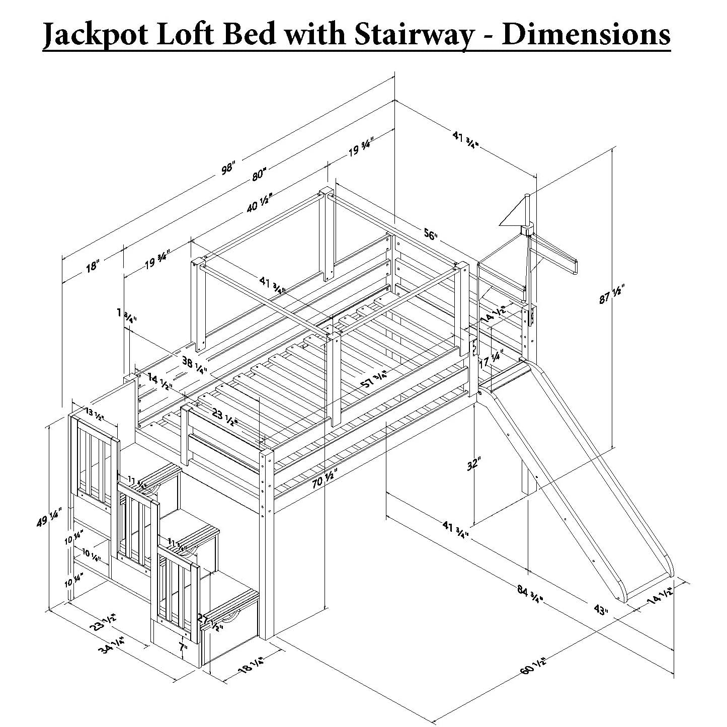 JACKPOT! Princess Stairway Low Loft Bed with 3 Drawers, Slide, Pink and White Tent and Tower, Twin, Cherry