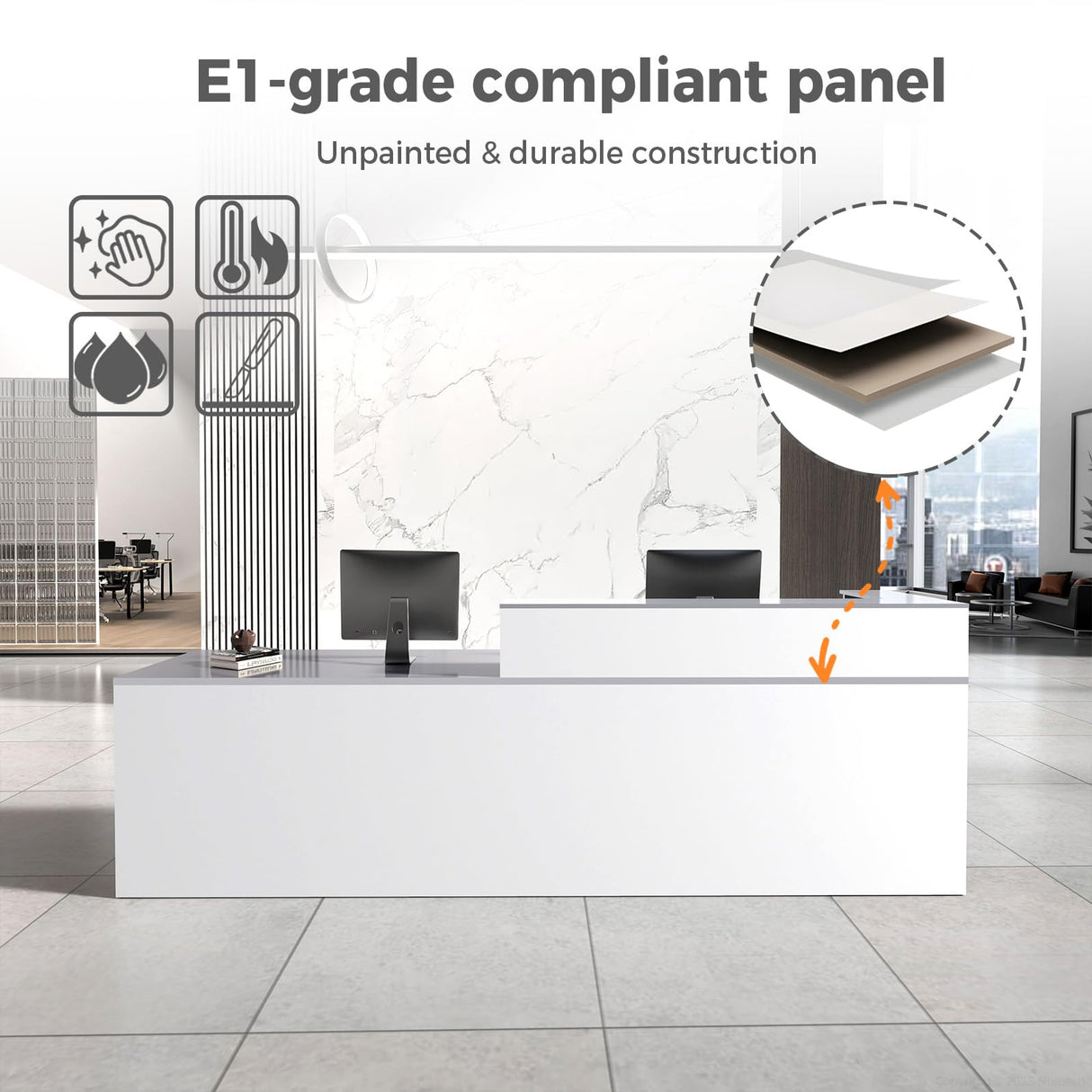 Nuipesn L Shape Reception Desk with Counter, Modern Front Desk Reception Counter with Keyboard Tray, Lockable Drawer and Storage Shelves for Office, Retail, Salon(White+Gray/Left, 63" L*24" W*39" H) Nuipesn