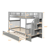 Merax Twin Over Twin Bunk Bed with Trundle, Storage Staircase and Full Length Guardrail, Solid Wood Stairway Bunk Bed, No Spring Box Needed (Grey) Merax