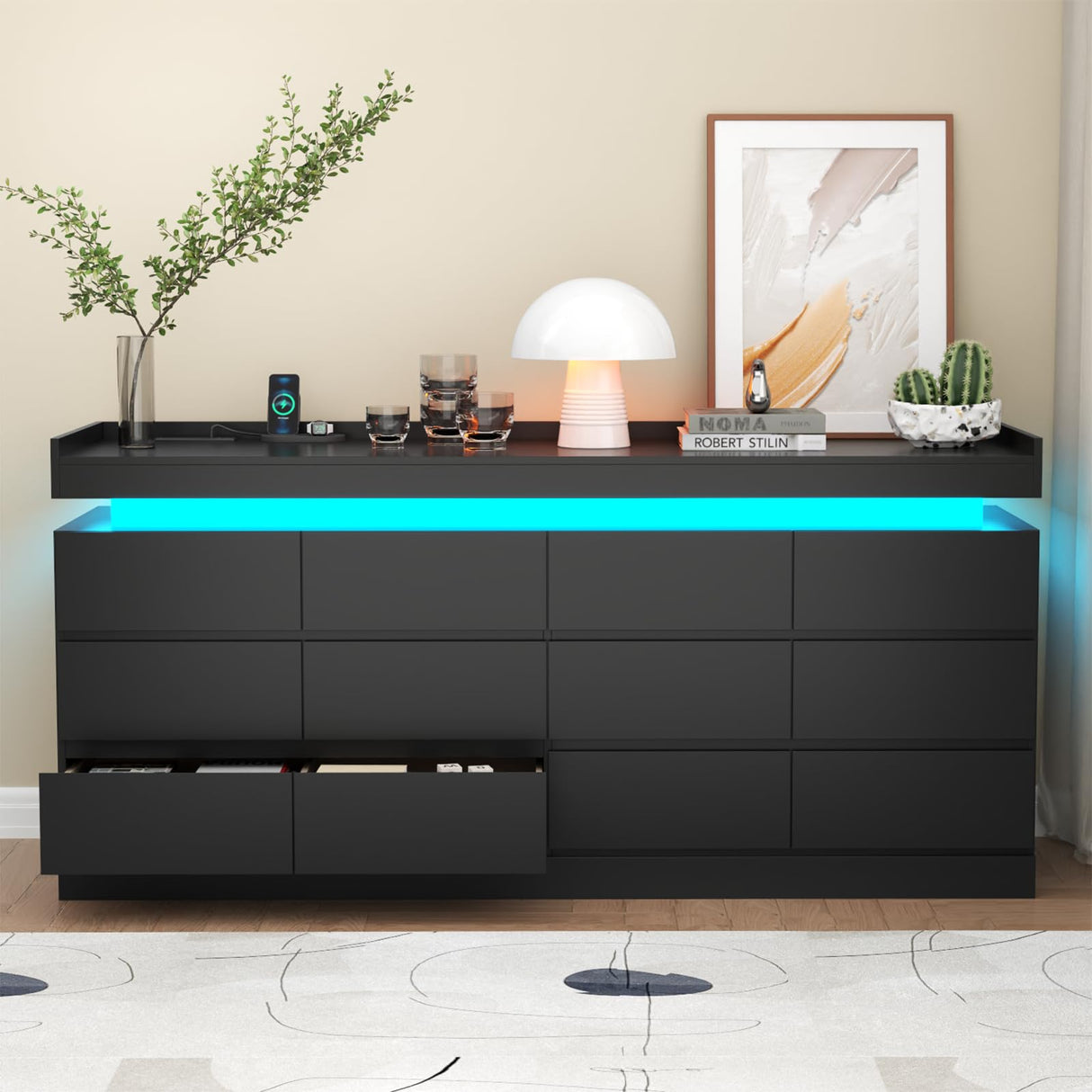 Extra Large 6 Drawer Dresser with 12 Compartments, Dresser with Power Outlet & LED Light, Modern Chest of Drawers, Double Wide Drawer Organizer Cabinet for Bedroom, Living Room, Entryway (Black) Gyfimoie