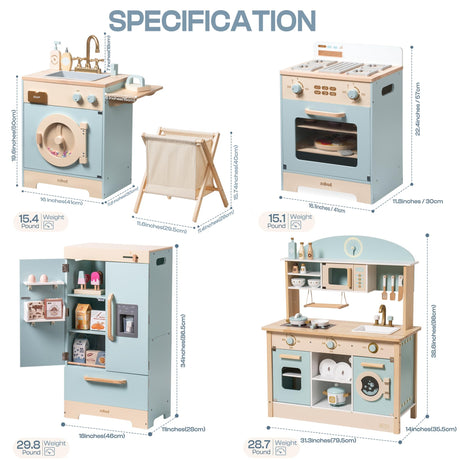 ROBOTIME Wooden Toddler & Kids Kitchen Playset, Wooden Kitchen Toy Playset with Oven, Fridge and Washing Machine, Wooden Kitchen Set Gift for 3+ Year Old Kids, Girls & Boys ROBOTIME