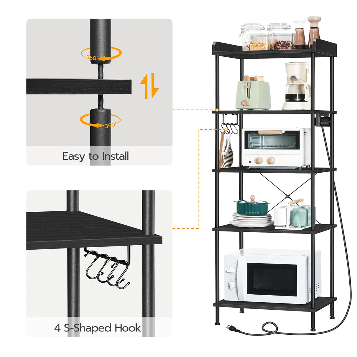 HOOBRO Kitchen Bakers Rack with Power Outlet, 5-Tier Free Standing Kitchen Storage Shelf Rack, Microwave Stand with 4 S-Shaped Hooks, Black BB55UHB01 HOOBRO