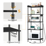 HOOBRO Kitchen Bakers Rack with Power Outlet, 5-Tier Free Standing Kitchen Storage Shelf Rack, Microwave Stand with 4 S-Shaped Hooks, Black BB55UHB01 HOOBRO