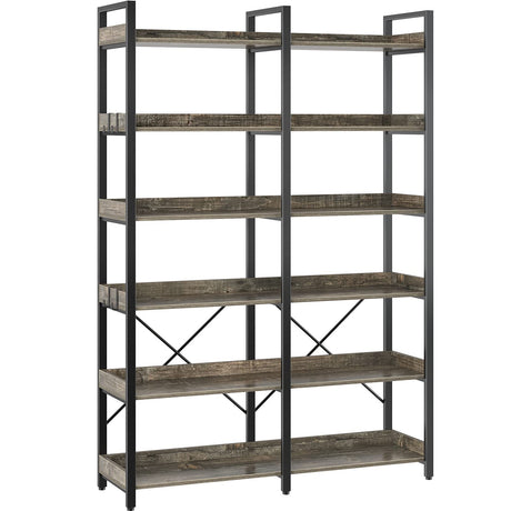 Seventable 6-Tier Industrial Wood and Metal Bookshelf with 4 Hooks – Rustic Grey Display Rack Seventable