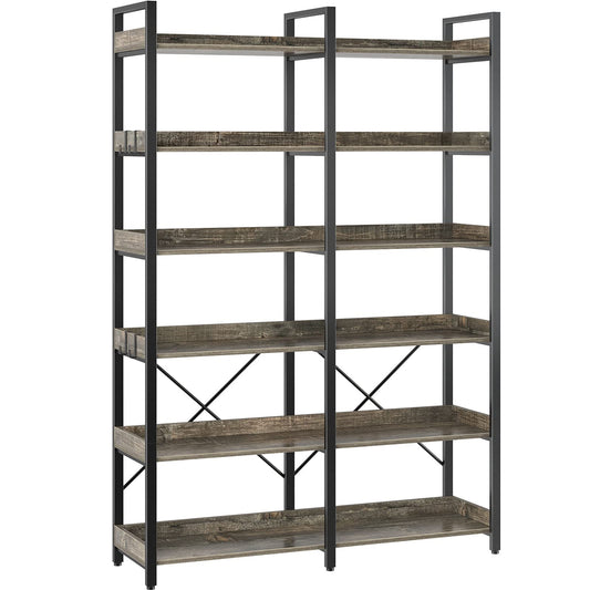 Seventable 6-Tier Industrial Wood and Metal Bookshelf with 4 Hooks – Rustic Grey Display Rack - WoodArtSupply