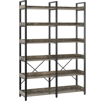 Seventable 6-Tier Industrial Wood and Metal Bookshelf with 4 Hooks – Rustic Grey Display Rack