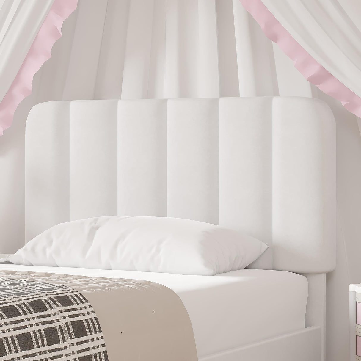 VECELO Twin Size Bed Frame with Upholstered Headboard, Velvet Platform Bedframe Mattress Foundation, Strong Wood Slat Support, No Box Spring Needed,White VECELO